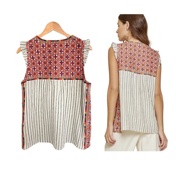 Savanna Jane Blouse Shirt Women Large Embroidered Linen Blend Tassel 16631 - Picture 2 of 13